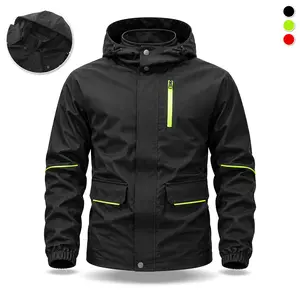 Men’s black outdoor hooded jacket featuring fluorescent green accents, an adjustable drawstring hood, elastic cuffs, a full zip front, and multiple pockets; lightweight fabric suitable for streetwear, nighttime activities, and hiking trips.