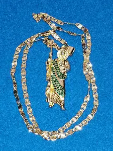 Jude Thadeous 2.5-Inch Green Zircon Pendant on 24-Inch Diamond Cut Chain with 14 Karat Gold plated