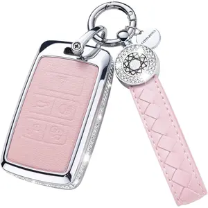 for Land Rover Key Fob Cover with Keychain, Pink Genuine Leather Crystal Key Case Protection Shell  with Land Rover Vogue Range Discovery Rover Sport