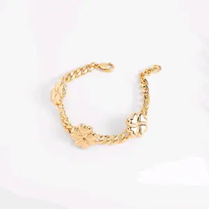 4 layers 18k gold plated bracelet with clover charms and bold chain