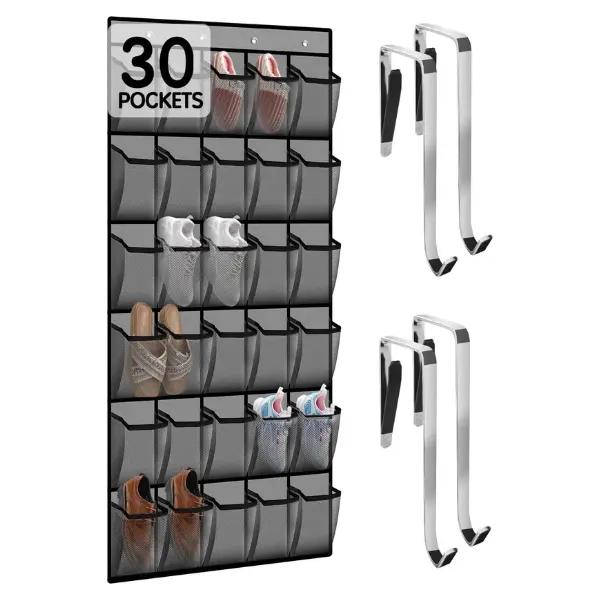 Over the Door Shoe Organizer with 30 Breathable Mesh Pockets - Large Capacity Closet Storage for Men & Women, Hanging Shoe Rack Organizer -Gray