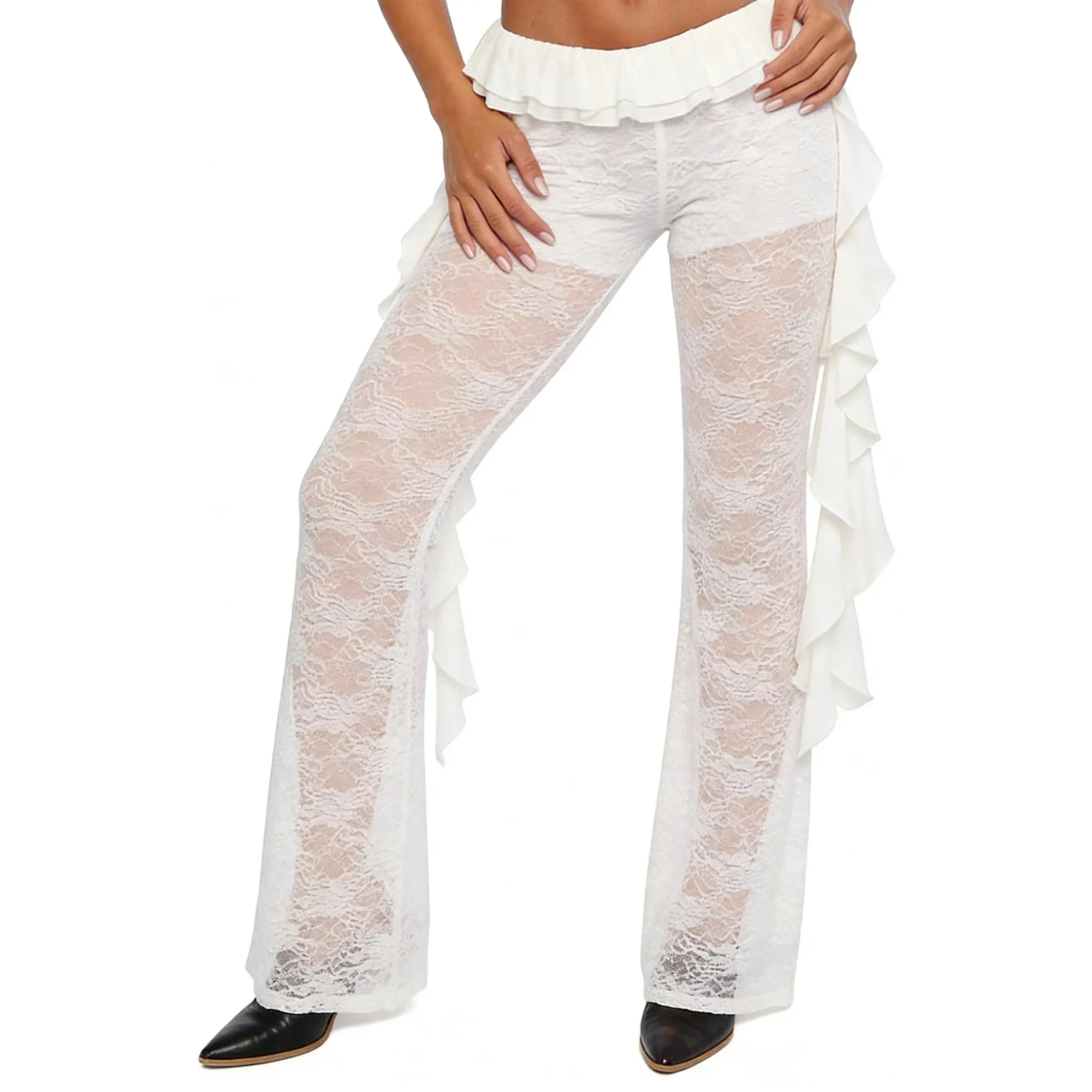 Women Sheer Lace Pants Ruffle Trim Elastic Waist Straight Leg Trousers Casual Summer Streetwear