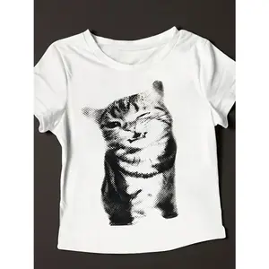 Vintage Winking Cat Halftone Print 100% Cotton Crop T-Shirt | Y2K Graphic Tee
