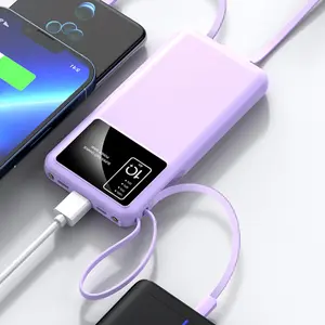 10000mah Portable Charger Power Bank with LED Light, Dual USB Output, Includes 4 Data Cables, Compatible with Apple Samsung Huawei, Ultra-Thin Design