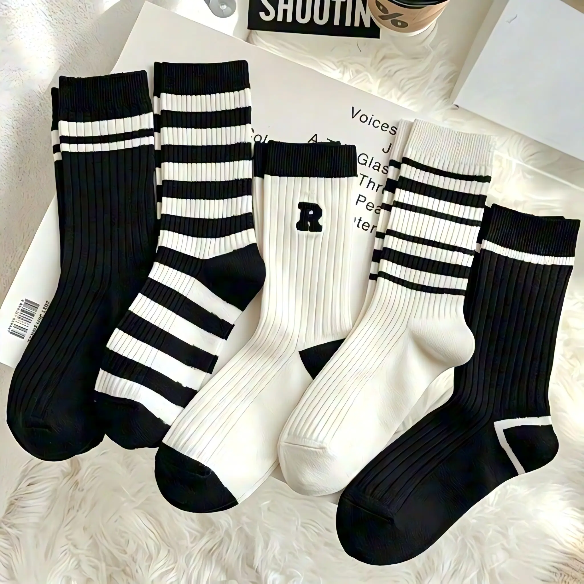 10 Pairs Black R-Pattern Mid-Calf Socks – Breathable Casual Socks for Daily Wear and Holiday Outfits