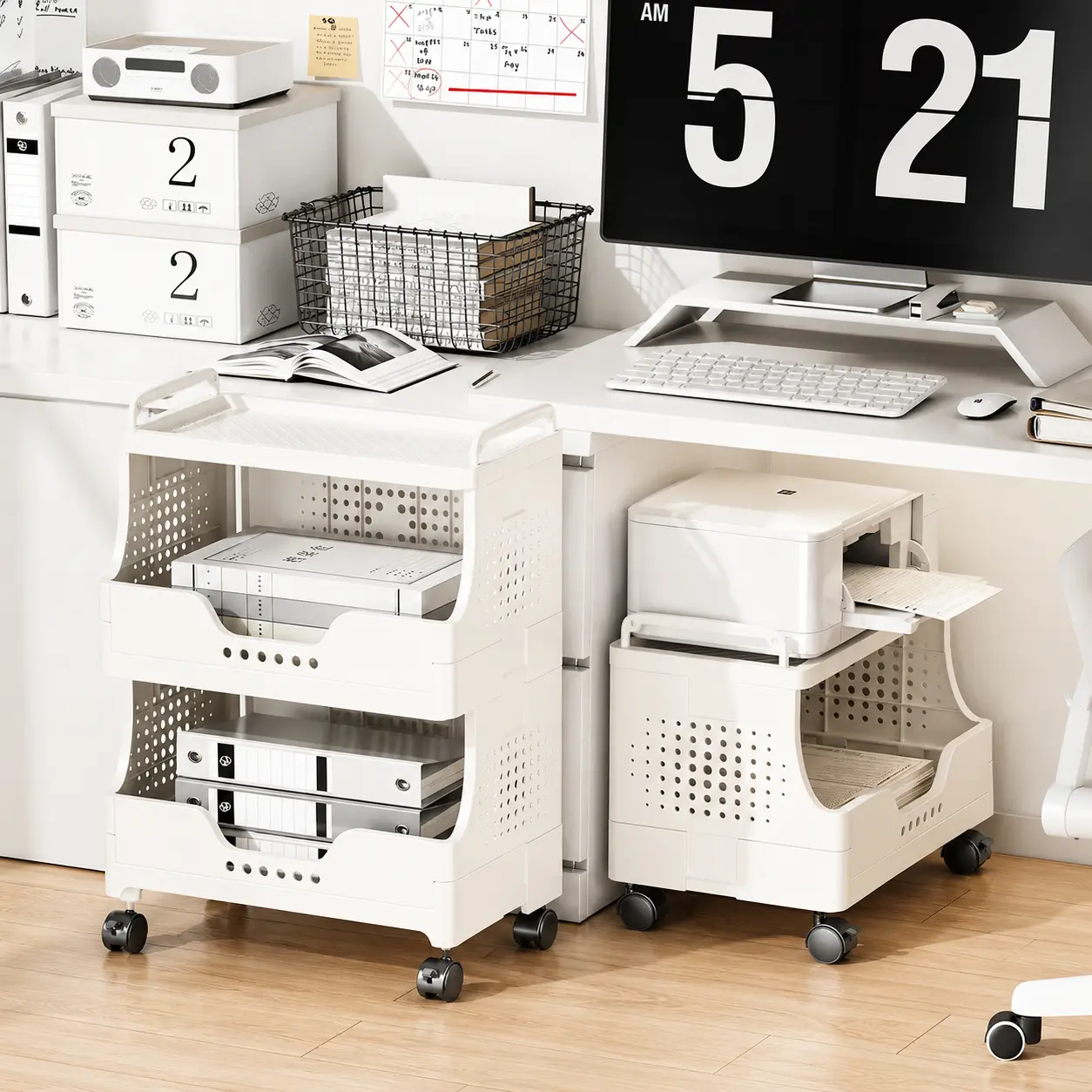 Mobile bookshelf/desk side storage rack with wheels, freestanding bookcase, small under-desk cart, document organizer