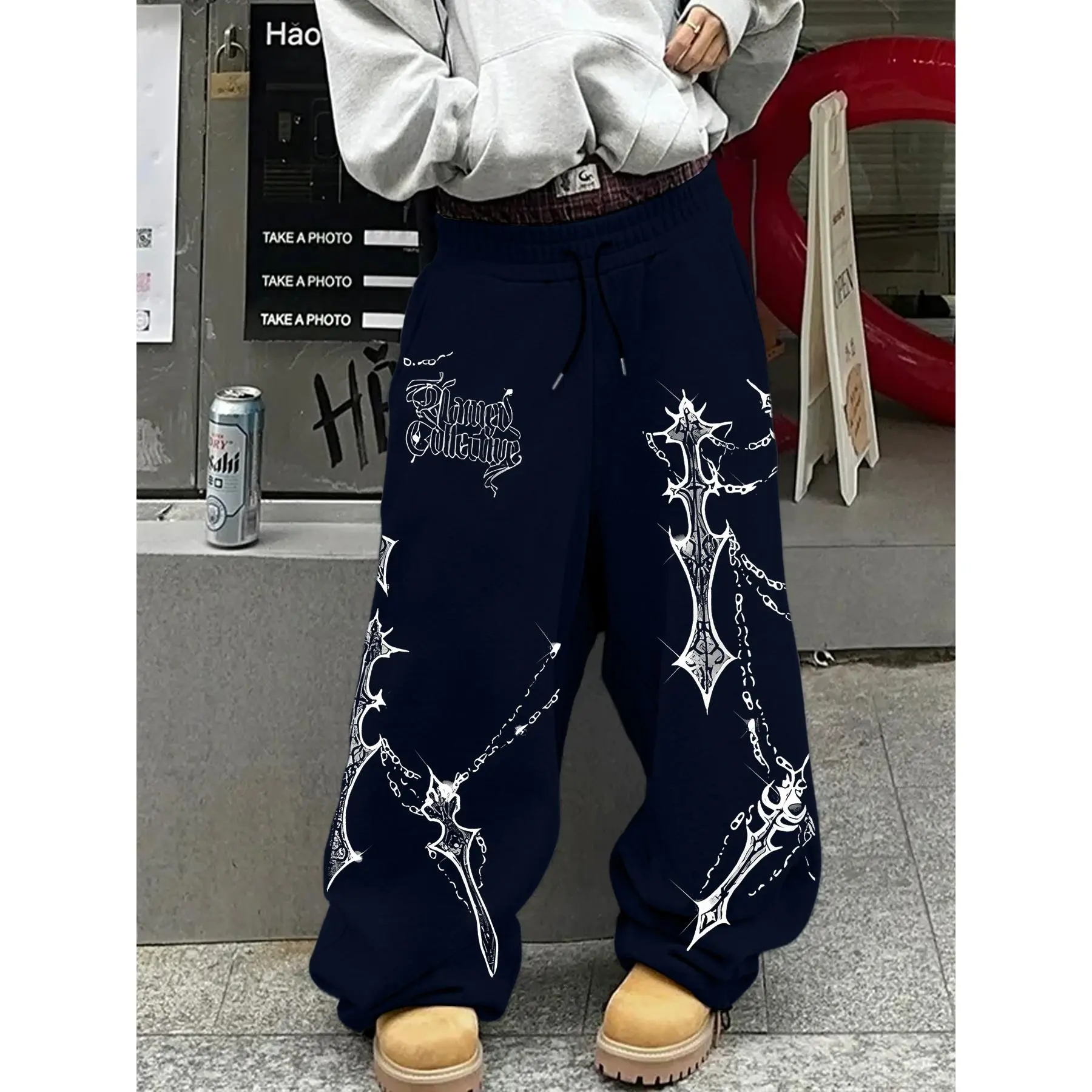 Gothic Cross Chain Print Casual Pants Unisex, Loose Straight