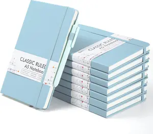 8 Pack Notebooks Journals Bulk, Hardcover Notebook Classic Ruled Lined Journals with Pen Holder for Women Girls School Business Supplies, with 8 Black Pens, 120 GSM, 5.1x8.3, A5, Light Blue