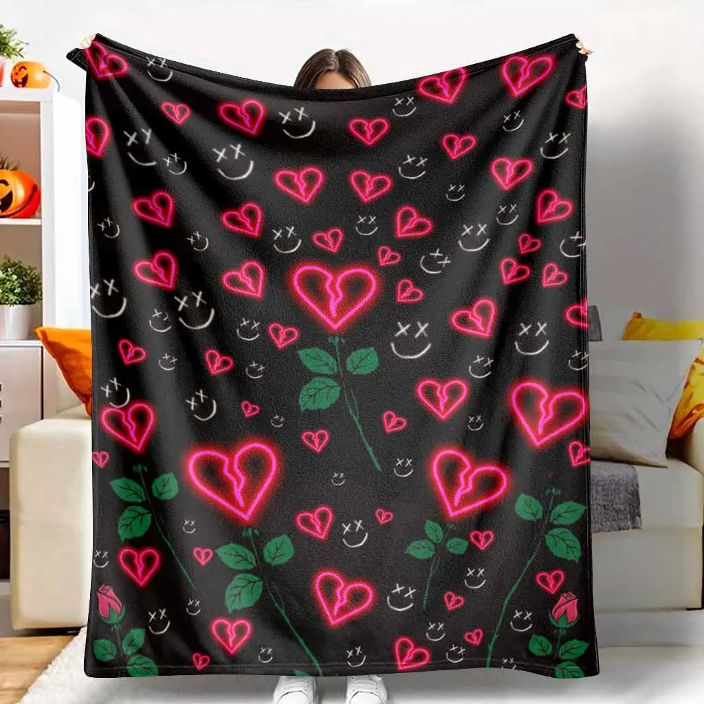 Neon Broken Heart Flannel Blanket Aesthetic Emo Rose Pattern Ultra Soft Warm Lightweight Cozy Throw for Bedroom Bedding Living Room Couch Sofa Decor Valentine Gift for Couples
