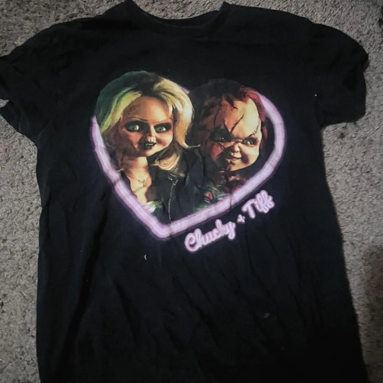 Black Chucky and Tiffany graphic tee with two characters in a heart shape, Fashion Cotton, Full Colors, Full Sizes, For Men, For Women