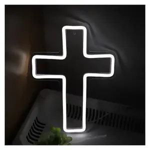Sign Illuminated White Jesus Cross Neon Sign LED Light USB Powered For Church Shop Party Event Wall Decoration 19.4cm×25cm Sign Illuminated