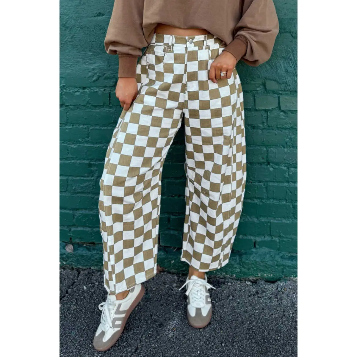 White Checkered Print Denim Barrel Pants