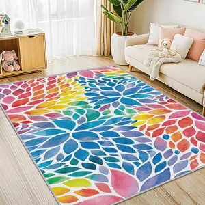 Abstract Colorful Area Washable Faux Cashmere Rug Modern Rainbow Dahlia Floral Rugs Multicolor Kids Area Rugs, Non-Slip Machine Washable Floor Carpet for Bedroom Living Room Playroom Classroom Dorm Office