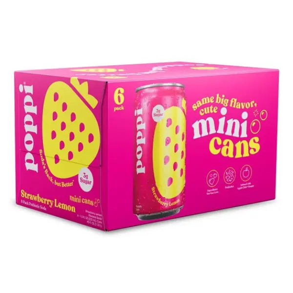 poppi Strawberry Lemon Prebiotic Soda Mini Cans – 7.5 fl oz, 6 Pack
