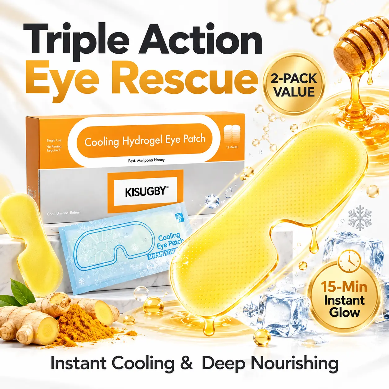 KISUGBY Cooling Hydrogel Eye Pads, instantly brighten up in 15 minutes! Contains Meliponine honey, Cassia, and turmeric | Use once a week, 12 eye pads per pack