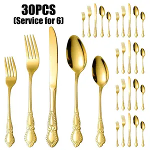 30PCS vintage cutlery service for 6, premium stainless steel flatware Dinnerware Set includes spoon fork and knife, exquisite silverware for wedding/Christmas/thanksgiving/house-warming, festive table decor
