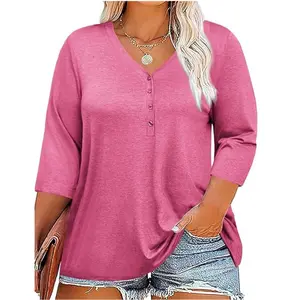 【L-5XL】 Imily Bela Curve Womens Plus Size Tops V Neck 3/4 Sleeve Casual T-Shirts Loose Basic Tunic Tees Summer Vneck Minimalist Streetwear
