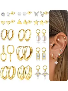 Earrings Set for Women High Quality Earrings Hypoallergenic Surgical Steel Earrings Huggies Hoop and Stud Small Cartilage Helix Tragus Earring Sets for Multiple Piercings Silver/Gold
