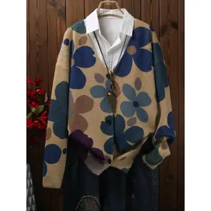 ��Plus Size��?Floral Print Button Cardigan, Casual Long Sleeve Open Front Knitwear for Fall & Winter, Women's Plus Clothing for Daily Wear��gift�� Womenswear Tops