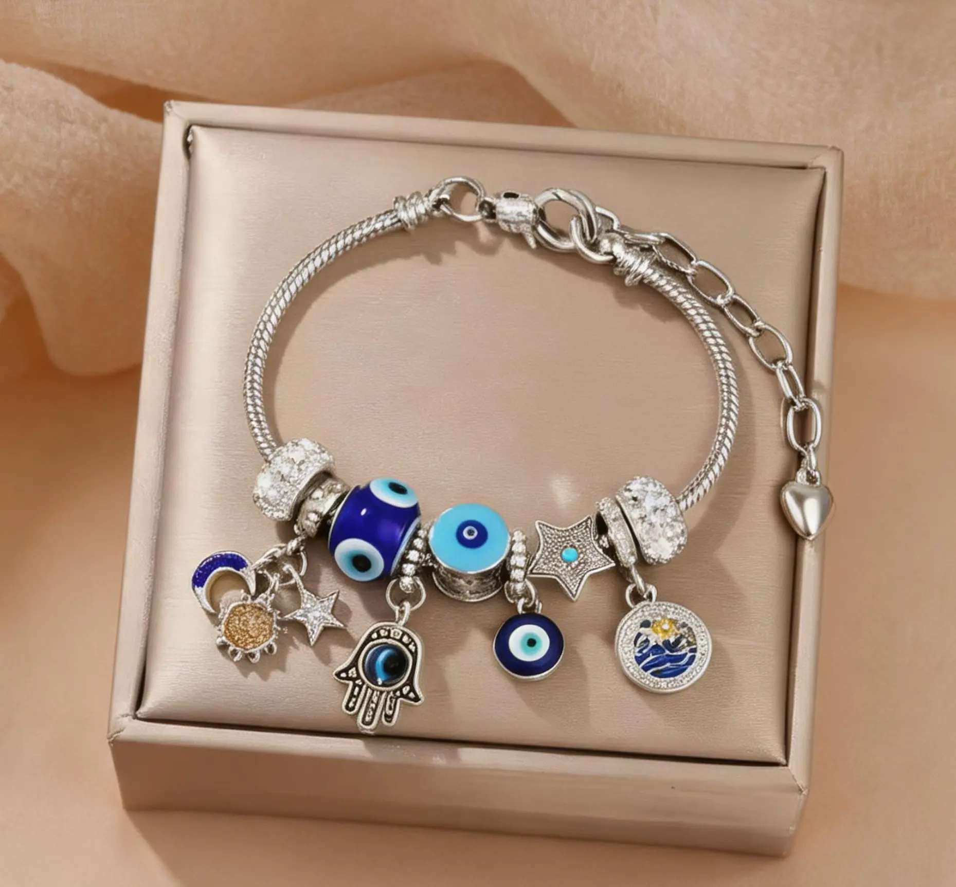 Celestial Charm Bracelet for Women |   Moon, Hamsa Hand, Evil Eye & Tree of Life Charms |   Gold Adjustable Chain |   Fashion Jewelry Gift
