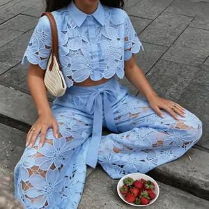 Women's 2026 New Retro Lace Outfit Set Short Sleeved Blouse Tops & Tie-up Pants Two-Piece Embroidery Hollow Temperament Suit for Casual & Special Occasions Fashion Womenswear