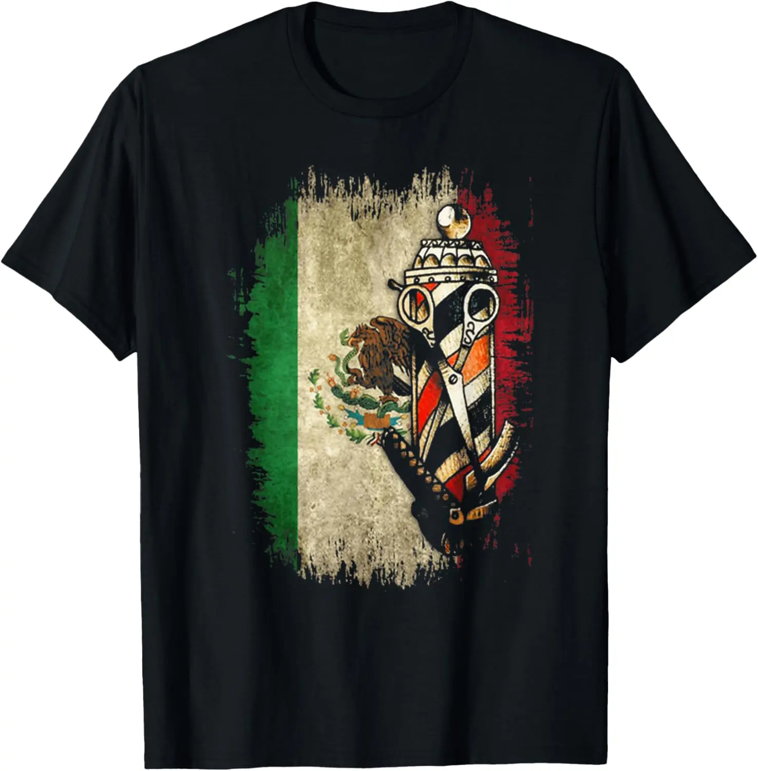 Casual T-Shirt, Unisex Distressed 100% Cotton Short Sleeve Top with Barber Pole Mexican Flag Graphic and Round Neck, Tops, Shortsleeve, Vintage, Playful Print, Distressed Look
