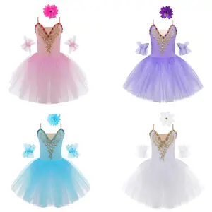 easyforever Kids Girls Camisole Skirted Leotard Sequins Ballet Dance Tulle Tutu Dress Swan Lake Performance Costume