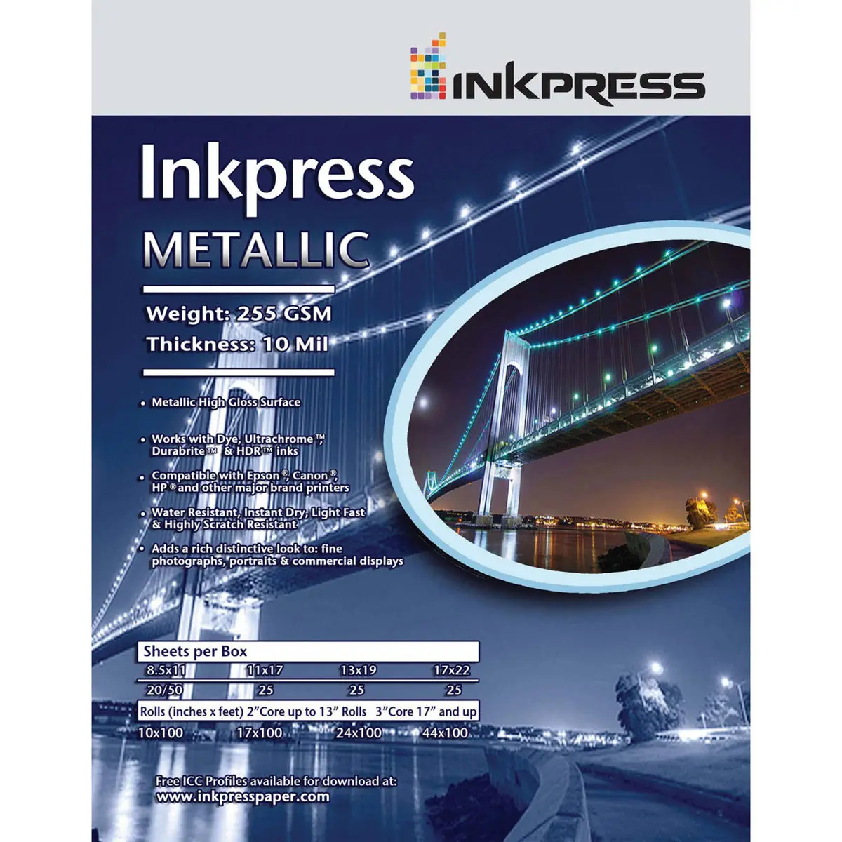 Inkpress Metallic Gloss Inkjet Paper, 255 gsm, 10 mil, Metallic Glossy Surface, 24"x100' Roll