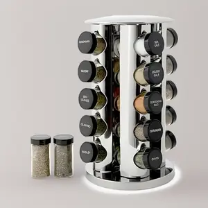 20 Jar Revolving Countertop Spice Rack with Spices Included, FREE Spice Refills for 5 Years, Polished Stainless Steel with Black Caps, 30020