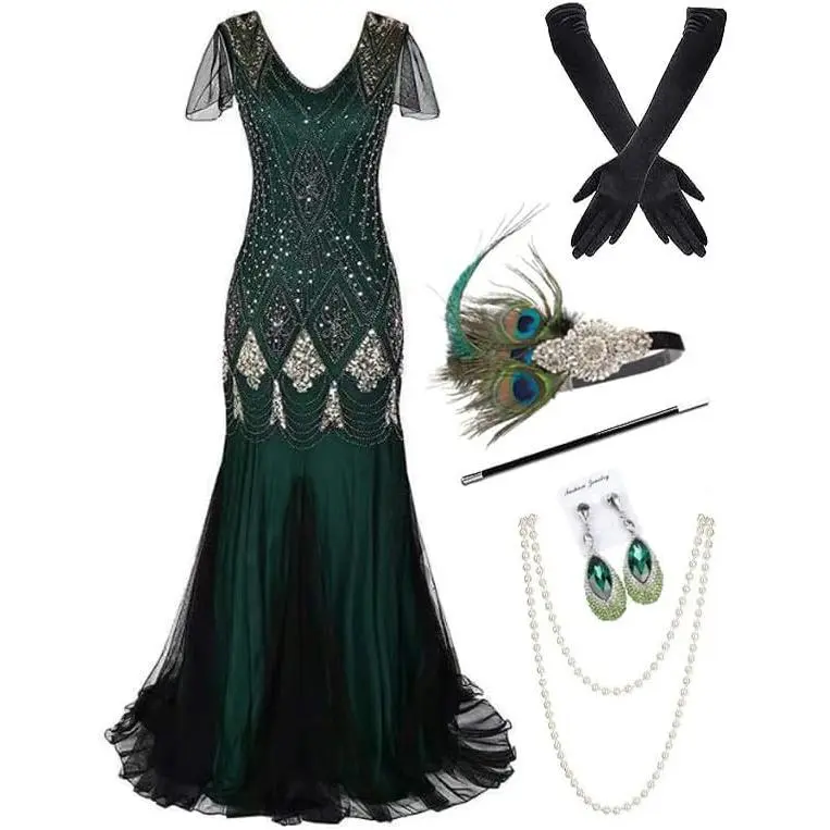 869A - Plus Size 1920s Vintage Fringed Gatsby Sequin Dimand Tassels Flapper Party Cocktail Dress with Accessories