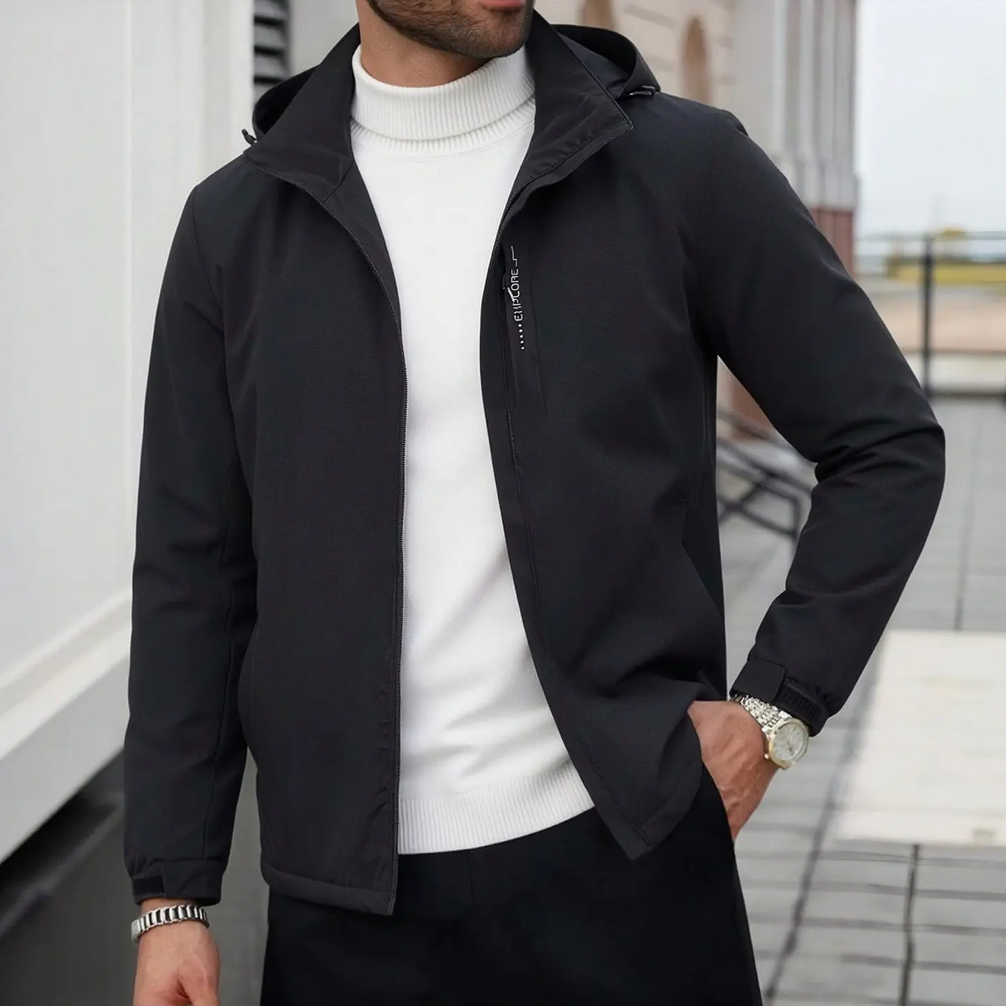 Menswear Men's Black Hooded Jacket - Zipper Closure, Pockets, Stylish Design for Everyday Wear