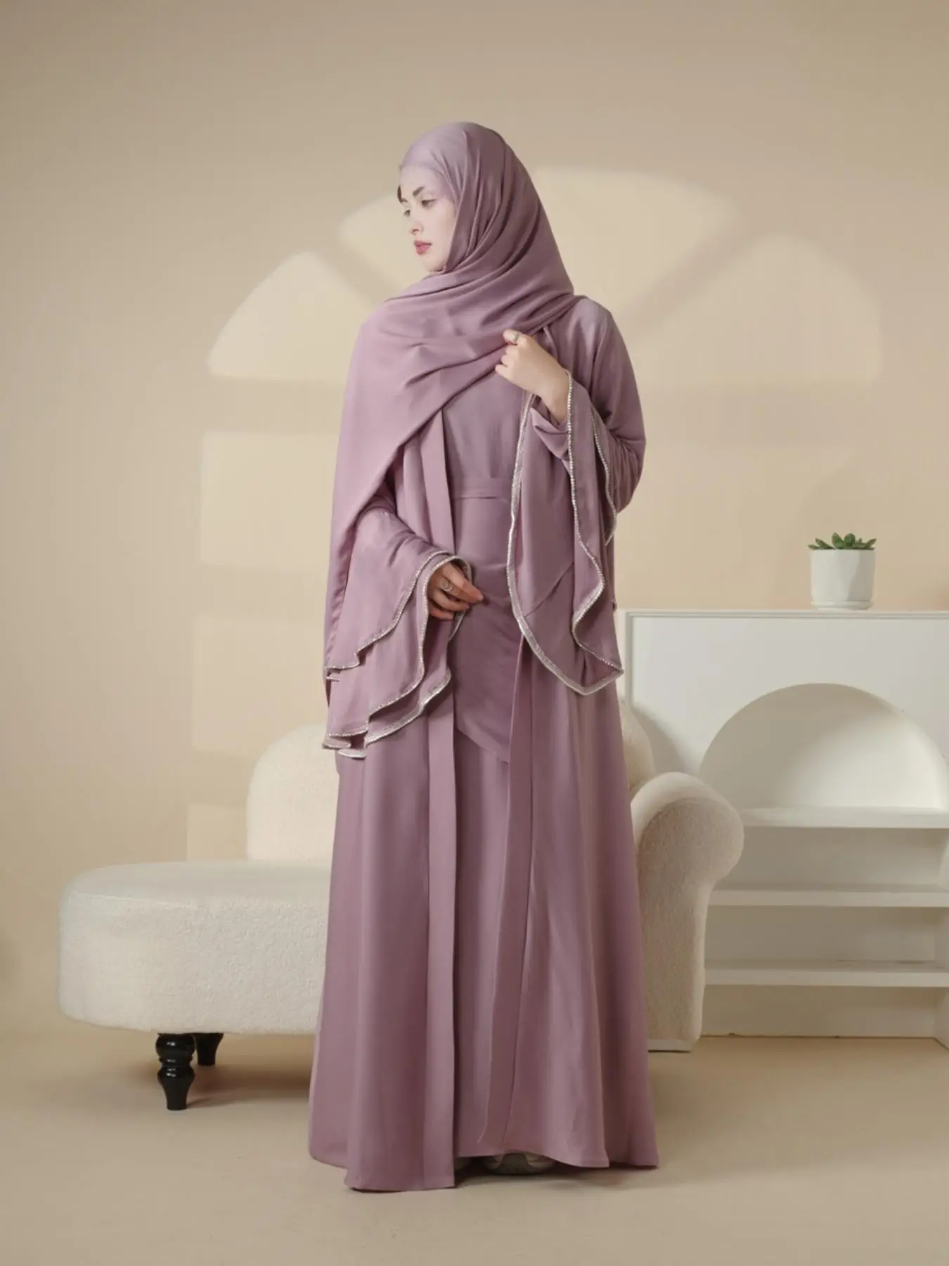 Two-piece Set Women's Plain Contrast Binding Layered Sleeve Islamic Set, Modest Long Sleeve Zipper Back Round Neck Dress & Flounce Sleeve Open Front A