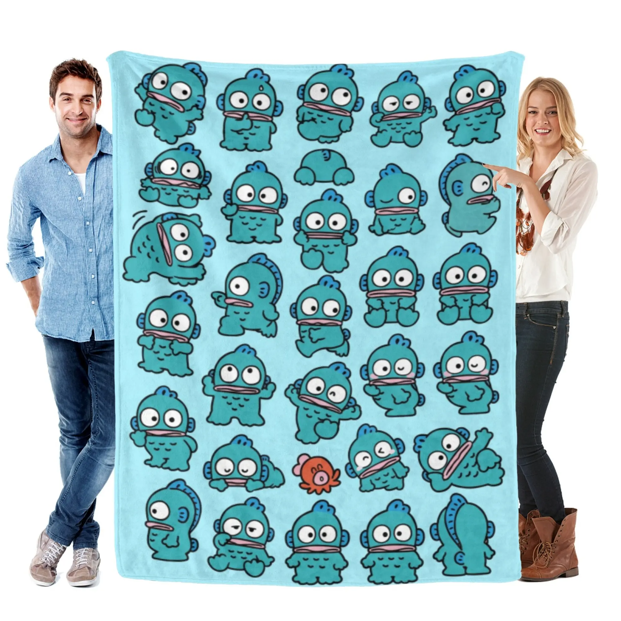 [SummerVibes] SANRIO CLASSIC Hangyodon Soft Flannel Blanket, Blue 2D Cartoon Pattern Cozy Throw for Bed, Couch, Office Nap & Kawaii Gifts
