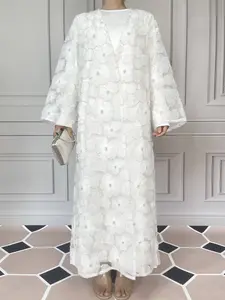 Women's Elegant Wedding Floral Embellished Abaya Set, Mesh Floral Beaded Jacket & Satin Inner Dress, Two-Piece Bridal, Perfect for Special Occasions