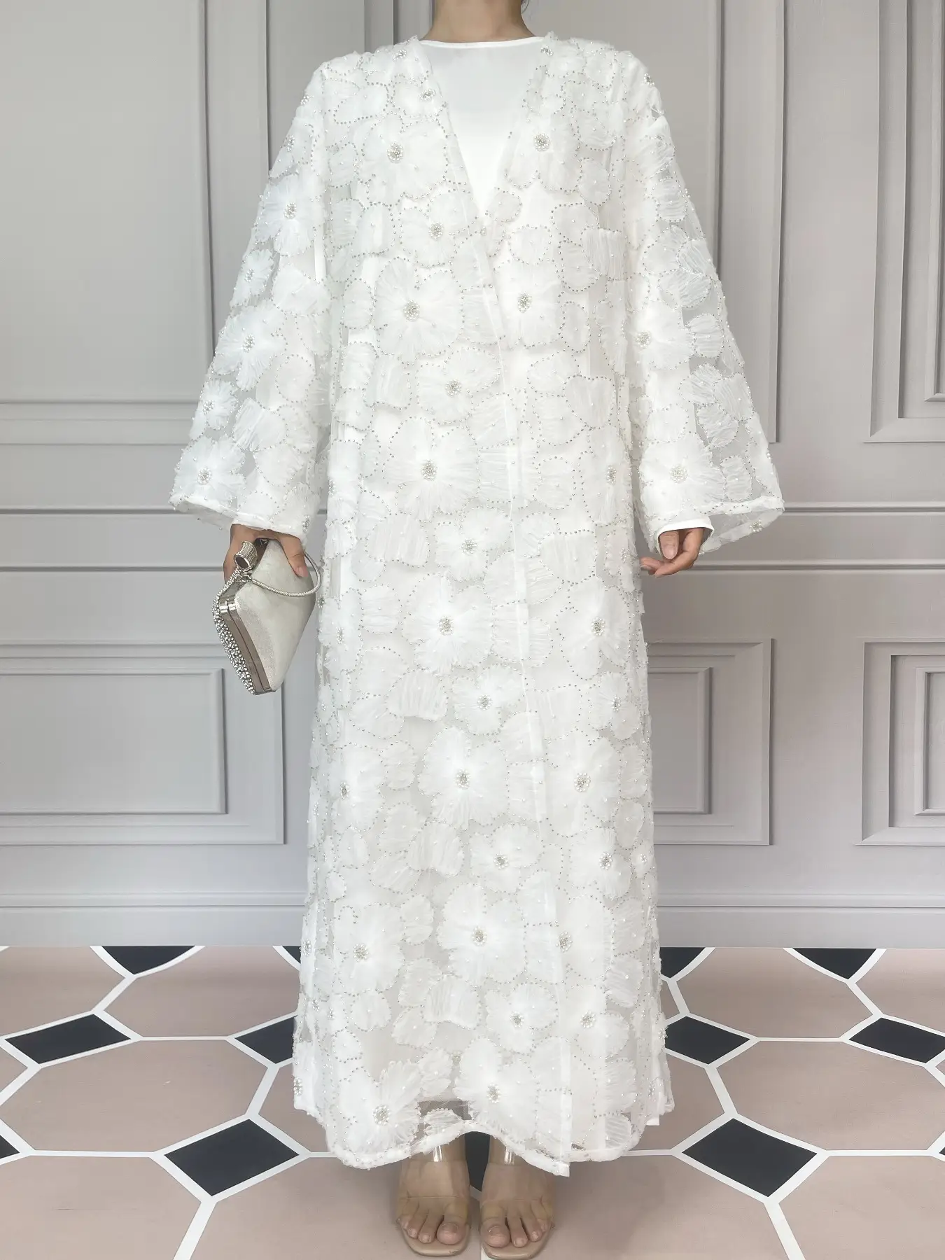 Women's Elegant Wedding Abaya Set, Mesh Floral Beaded Jacket & Satin Inner Dress, Two-Piece Bridal, Floral Embellished Abaya, Perfect for Special Occa