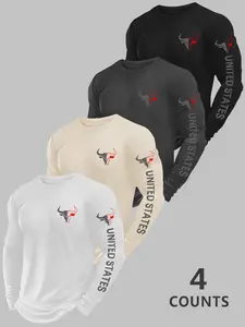 Men's 4-Pack Bull Head & "United States" Print Long Sleeve Tees, Casual Sports Tops, Crew Neck Casual Athletic Workout Tops, Graphic Pullover Shirts for Daily & Gym Wear #MensLongSleeve #BullPrintTee #4PackShirts #AthleticWorkout