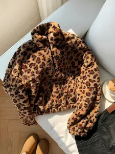 Women's High Neck Zipper Long Sleeve Leopard Print Plush Pullover Sweater, Casual Fall & Winter Fashion, Warm and Cozy Top