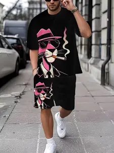 Men's Printed Short Sleeve T-Shirt + Shorts Set, Fitted Casual Sports, Outdoor Leisure Shorts, Summer 3D Print Set, Adult Men's Clothing, Outfit