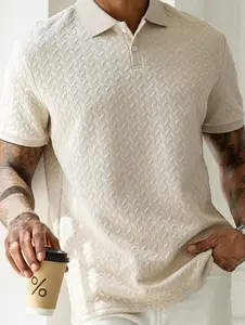 Men's Textured Knit Polo Shirt - Short Sleeve Button-Up Collar Top, Breathable Soft Fabric, Fashionable Comfortable Menswear for Business Casual, Daily Wear,summervibes
