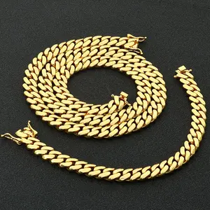 14K Solid Gold Miami Cuban Link Set 8/10/12/14mm Oval Curb Chain Necklace & Bracelet Kit with Invisible Magnetic Clasp 7.5-30" Hip Hop Rapper Jewelry