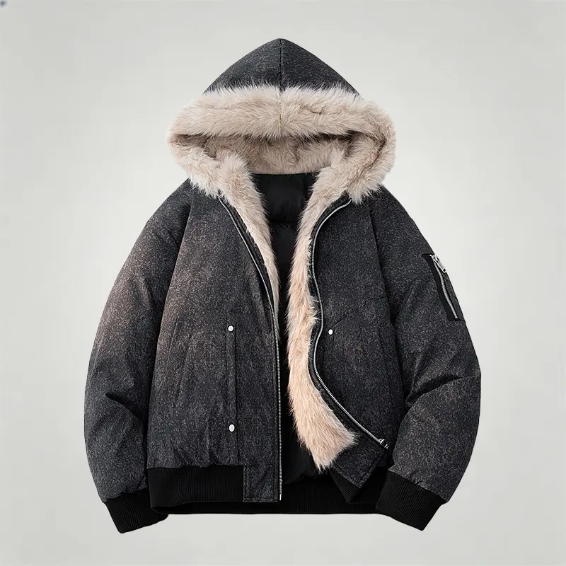Vintage Faux Fur Lined Hooded Bomber Jacket Unisex Thick Quilted Padded Winter Coat Zip Closure  Loose Y2K Skater Streetwear Warm Outerwear