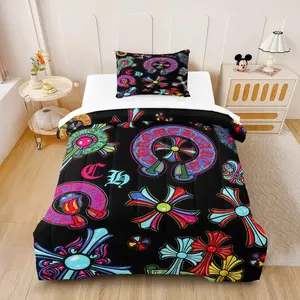 2/3 Piece Inspired Colorful Cross Print Comforter Set(1 Comforter + 1-2 Pillowcases), Luxury Black Soft Warm Bedding for Bedroom, Dorm, Guest Room, Perfect Gift for Teens, Fashion Lovers and Streetwear Fans