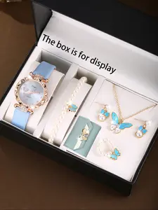 Elegant Women's Quartz Jewelry Watch Set with Butterfly Pendant Necklace Earrings Bracelet Ring Wallet, Perfect Gift for Her