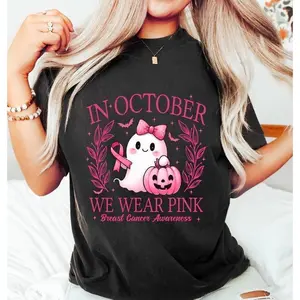 In October We WearShirt, Retro Breast Cancer Awareness T-Shirt, Halloween Pink Ghost Sweatshirt, Breast Cancer Halloween Clothing Unisex