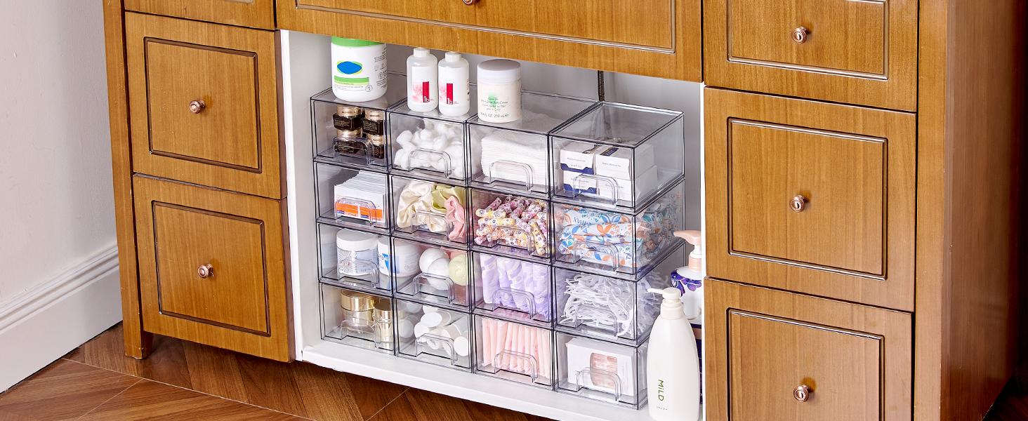 4 Pack Small Clear Stackable Storage Drawers,Acrylic Bathroom Makeup Organizer,Plastic Storage Bins For Vanity, Undersink, Kitchen Cabinets, Pantry, Home Organization