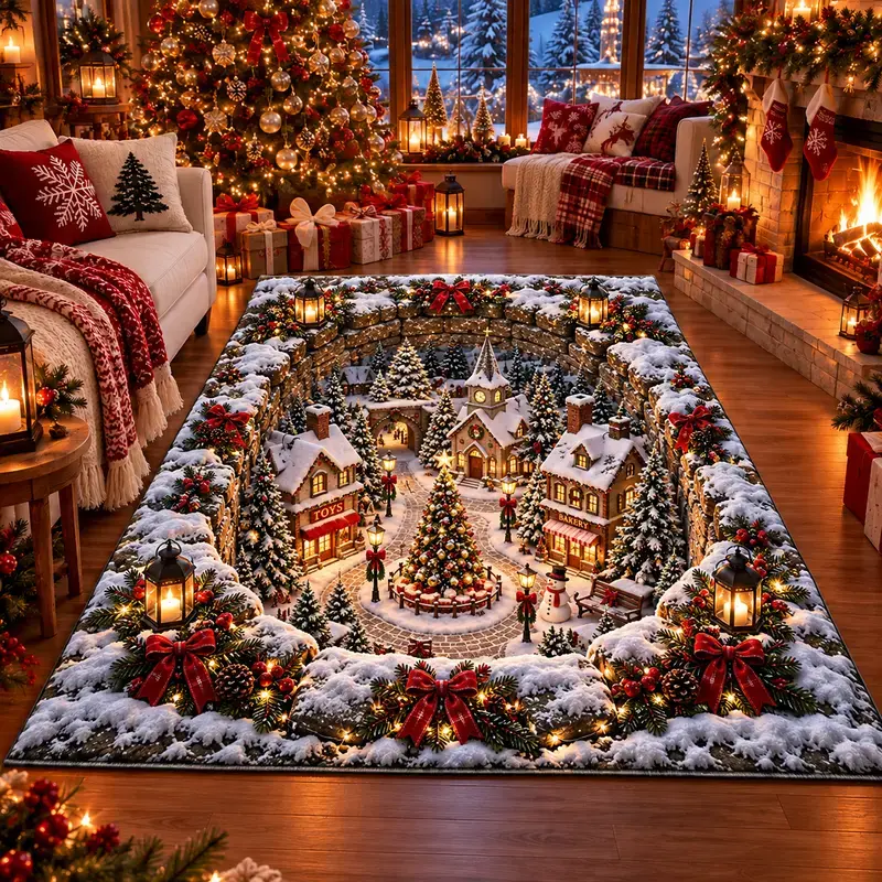 3D Snowy Christmas Village Area Rug, Magical Winter Wonderland Village Illusion Carpet, Christmas Tree and Cozy Cottage Design, Festive Holiday Floor Mat for Living Room Bedroom