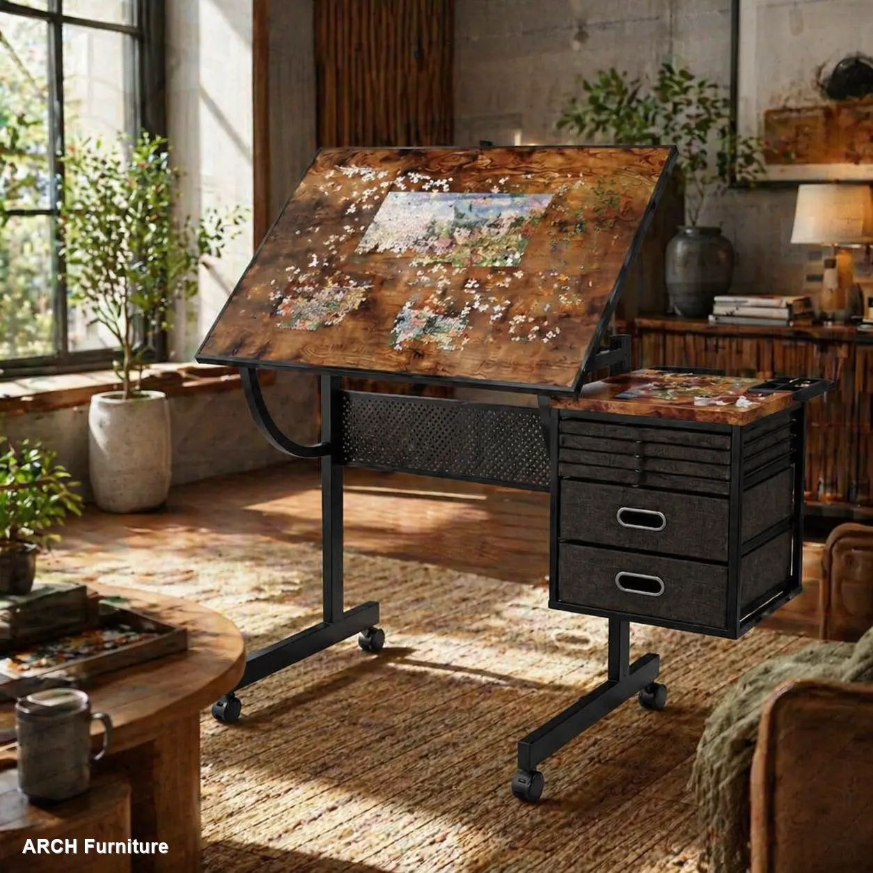 Large Size Metal Frame Jigsaw Puzzle Table for Adults - Home Office Furniture, Rolling Pain-Free Wheel-Based Drafting Table, Ergonomic Desk, ARCH 1500-Piece Capacity, Angle-Adjustable, 4-Wheel Casters, 4 Trays, 2 Storage Drawers, Black Gift Option, Rollin