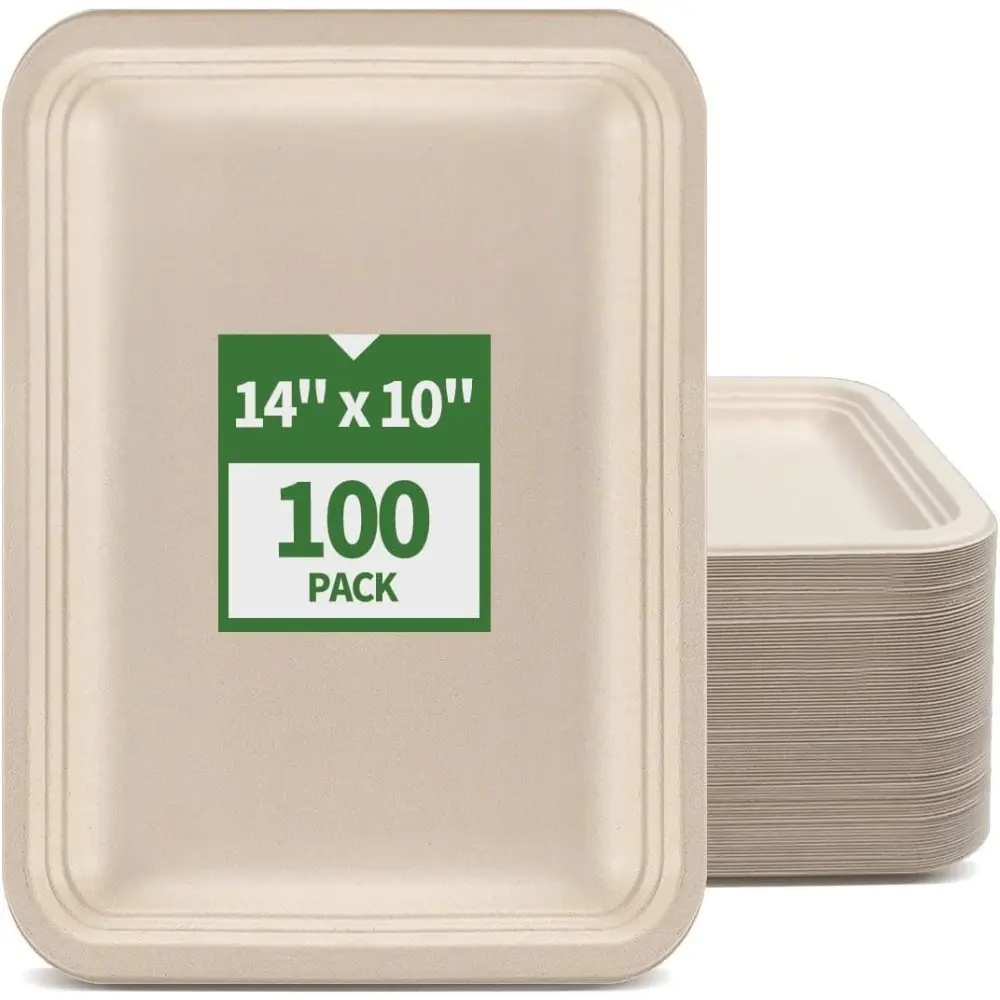 14 in Extra Large Plant-Based Food Trays Pack - Disposable Tableware Set with Plates for Crawfish, Seafood Boil Party Supplies