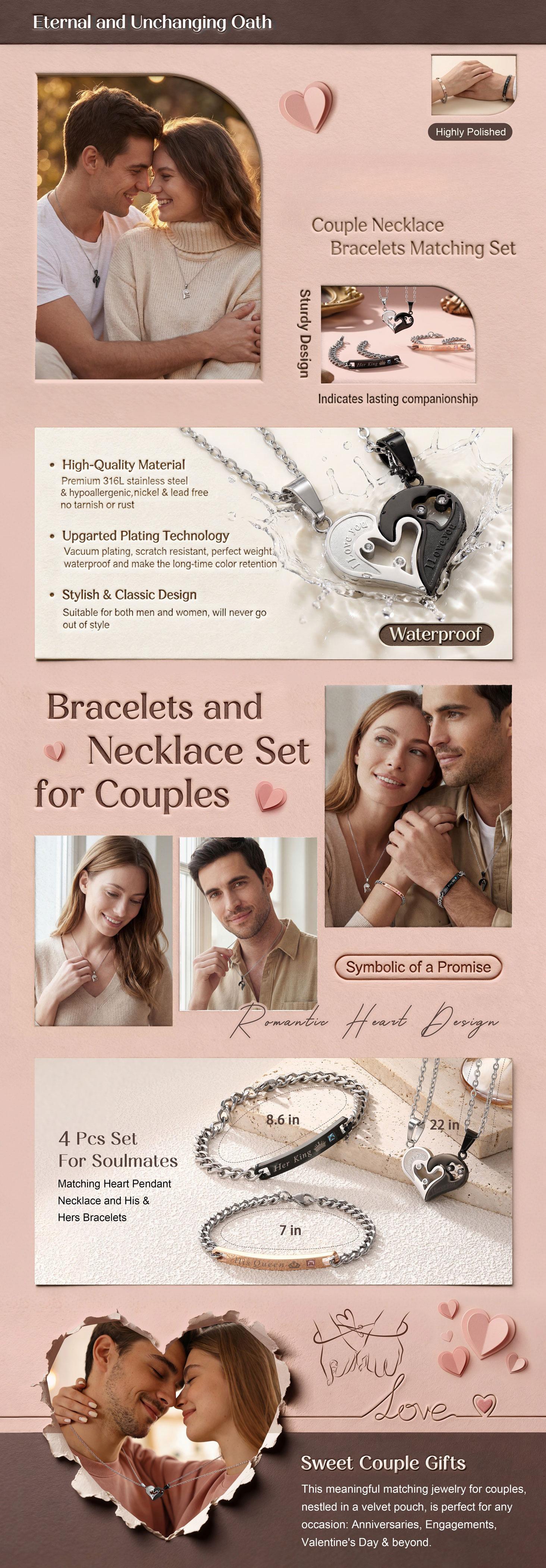 Couples Matching Jewelry Set 4Pcs • Heart Pendant Necklace & King Queen Bracelets • Romantic Valentine's Day Gift for Boyfriend Girlfriend • 316L Stainless Steel His and Hers Jewelry