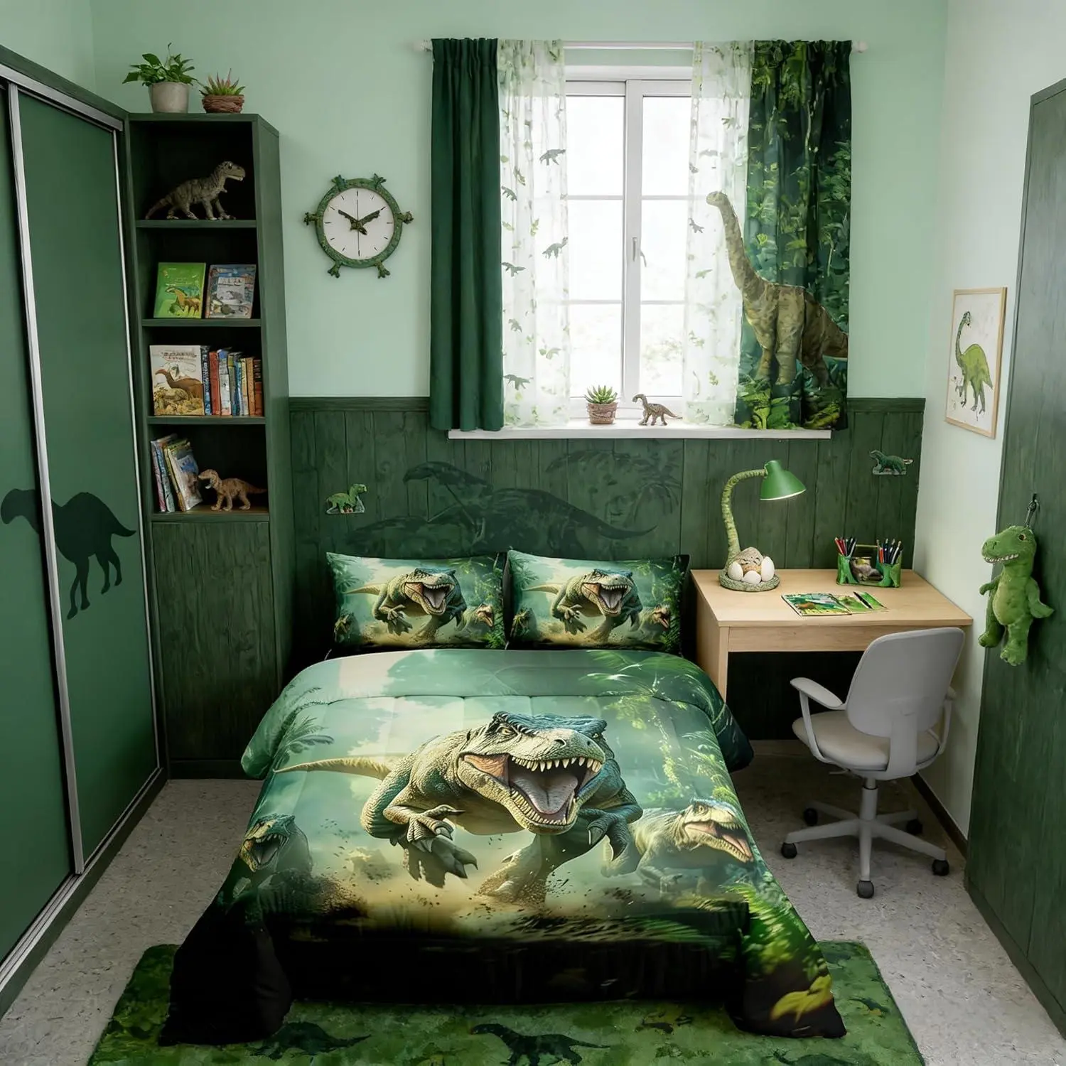 Feelyou Kids Bedding Set - Microfiber Soft Breathable All-Season Duvet Set with Dinosaur & Animal Digital Print, Multi-Size (Toddler, Twin, Full, Queen), Machine Washable Cartoon Green Dinosaur Room Decor for Boys